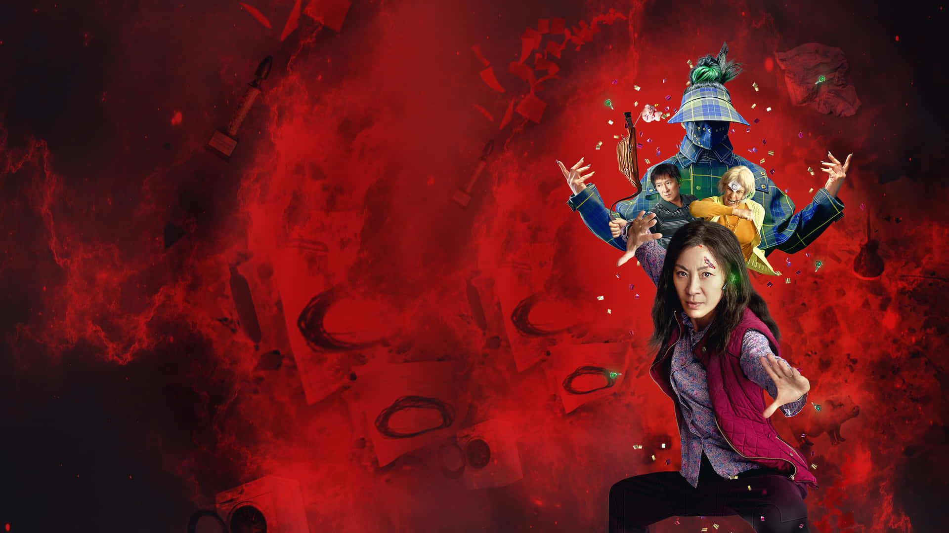 A red and dark red background of cloud and smoke featuring an older Asian mother making a combat ready pose with arms stretched out.  In the background is a mild-mannered but stern Asian man and an older woman in yellow wearing a paper with a black circle drawn on her forehead as she uts her elbow up in a blocking position.  In the background is a figure with her hands pointed away from her at an angle while wearing a facemask and a low visor - the background of the poster of the film Everything Everywhere All at Once.